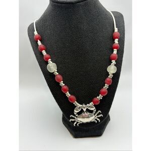Handmade Red & White Statement Necklace, NEW, 26", Artisan, Crab